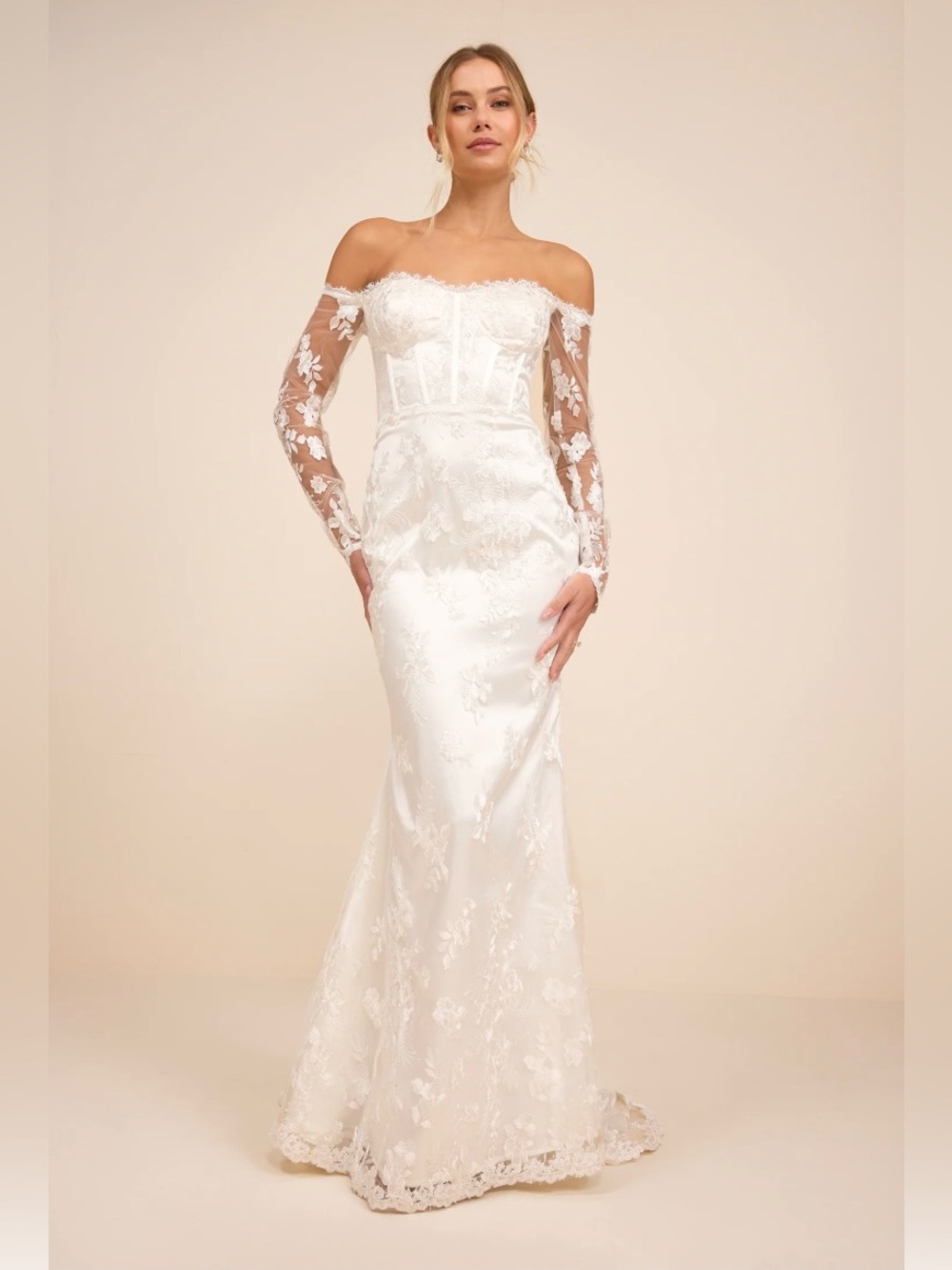 Lulus Lucina White Embroidered Bustier Long Sleeve Maxi Dress Size Medium NWT